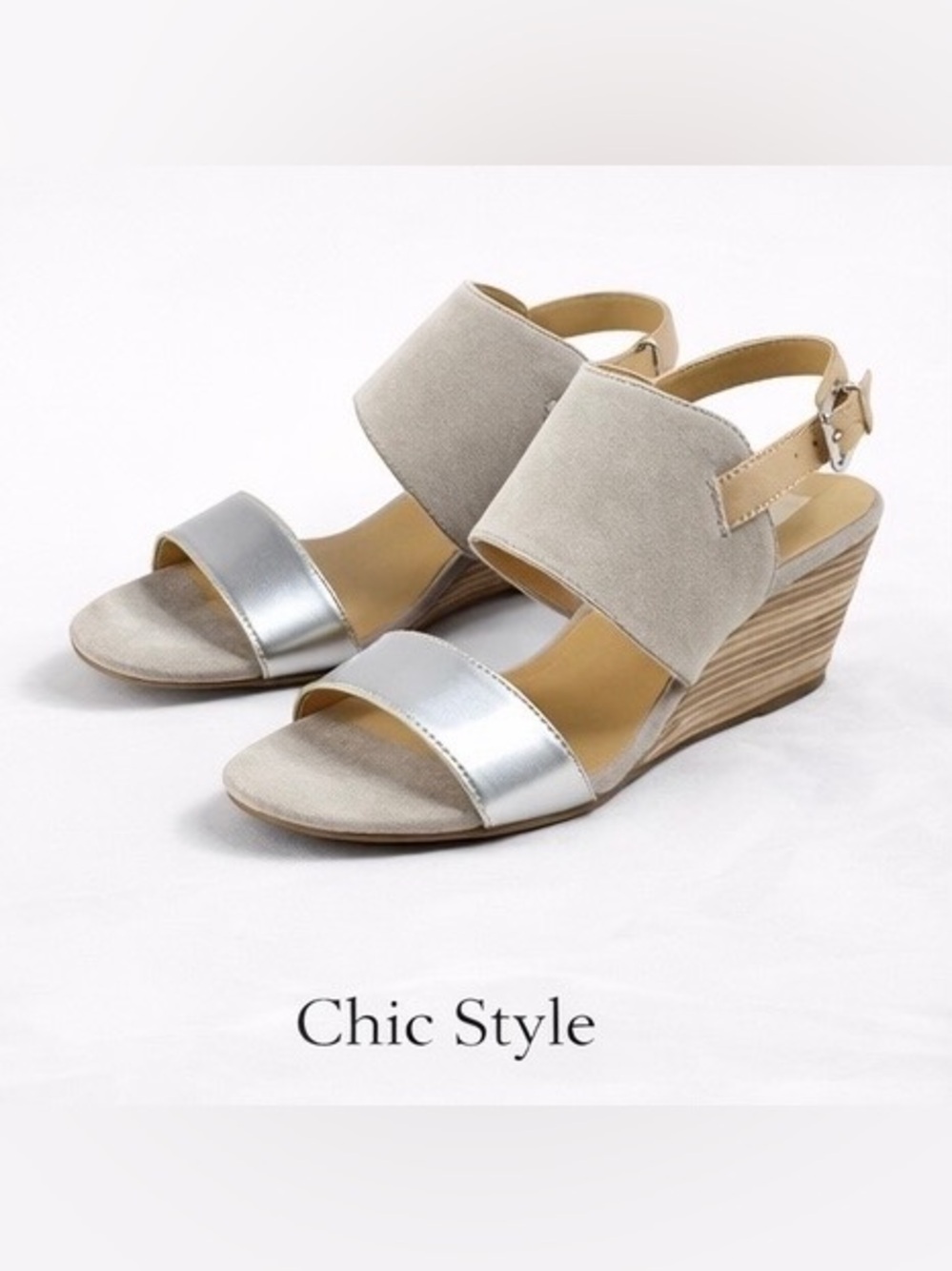 kenzie Silver and Beige Suede Wedge Sandals